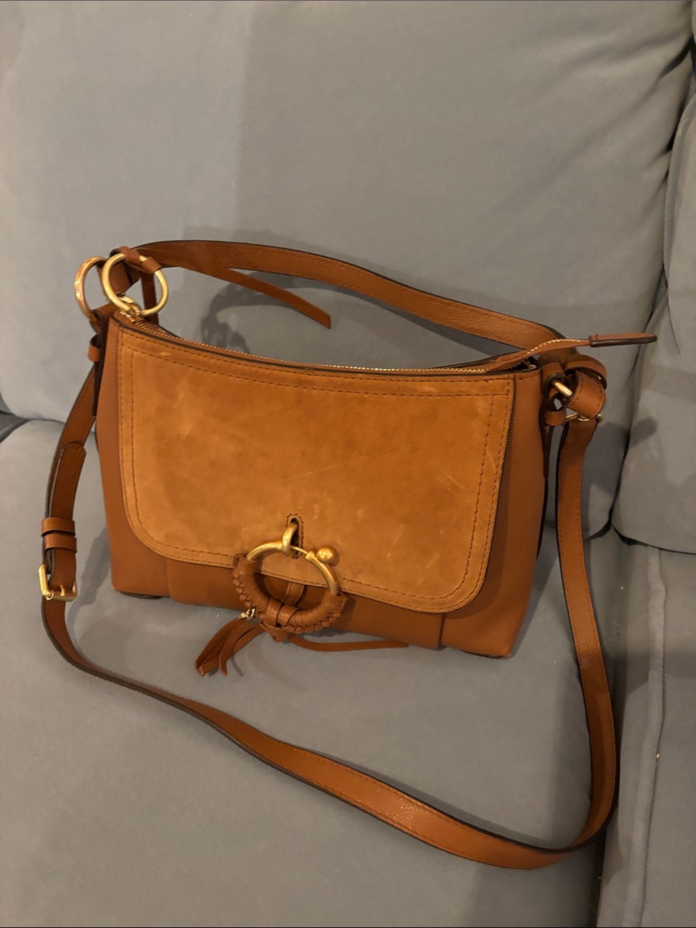 See By Chloe Chestnut Brown Leather & Suede Crossbody with Gold Ring